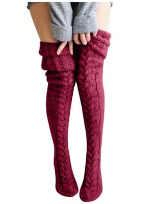 Thick-cable-knit-thigh-high-socks-dark-red-1