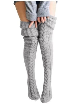 Thick cable knit-thigh high socks-light-grey-1