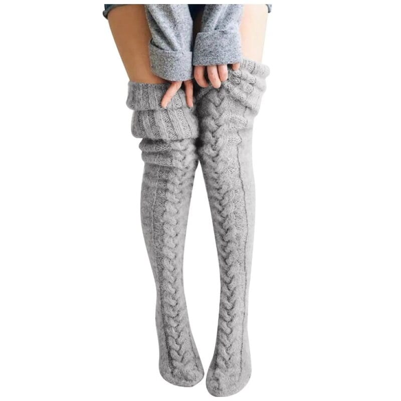 Thick cable knit-thigh high socks-light-grey-1